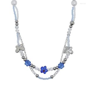 Colliers pendentifs 652F Collier de perles florales bleues Chaînes en acier Tour de cou double couche