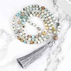 Hangende kettingen 6 mm Amazonite kralen met grijze kwast mala 108 Gebed geklede ketting mode sieraden geschenken voor vrouwelijke mannen yogapendant