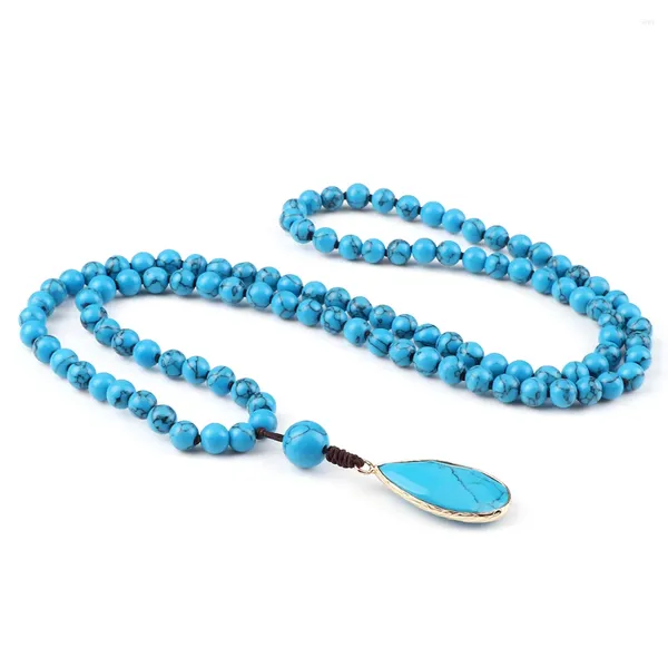 Collares colgantes 6 mm Piedra de pino azul 108 Mala Elástico con cuentas naturales para hombres Mujeres Charm Yoga Paryer Joyería Regalos