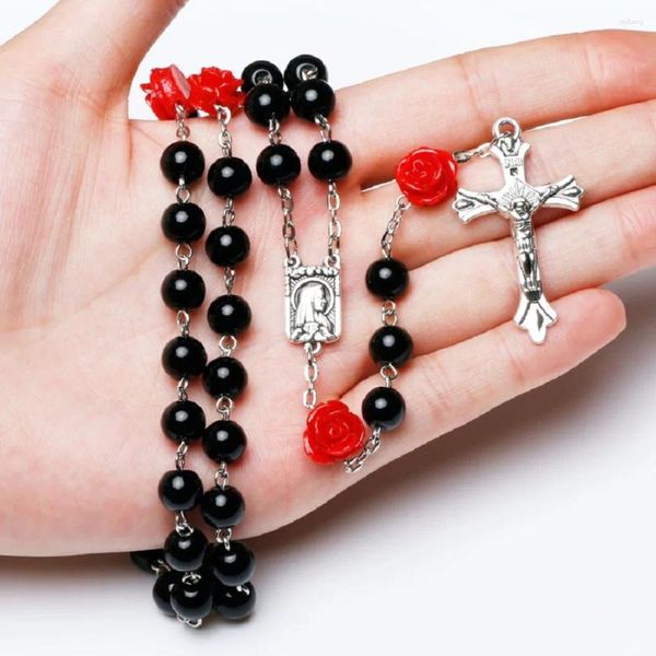 Pendentif Colliers 6mm Catholique Verre Perles Rosaire Collier Pour Femmes Rouge Rose Longue Chaîne Crucifix Croix INRI Hommes Religieux Prière Bijoux