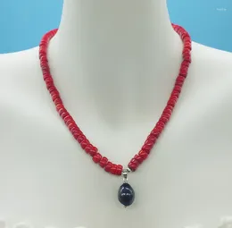 Collares Colgantes 6MM Alta Calidad. Collar de Coral Rojo Natural Irregular. Perla Negra 17