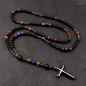 Colliers pendants 6 mm en pierre naturelle lapis lazuli Tiger Eye Cross d'hématite noire pour hommes Perles de prière Collier Rosaire