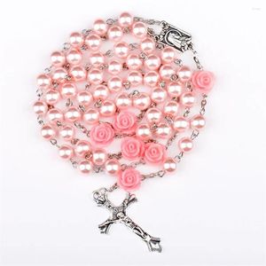 Colliers pendentifs Collier de chapelet rose 6 mm pour femmes Berles de verre rose Crucifix croix inri hommes prière religieuse bijoux longs