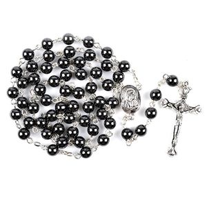 Hangende kettingen 6 mm vintage zwarte kralen christelijke katholieke lange hematiet kraal kruis rozenkrans ketting juwelen accessoires cadeaubon nicla