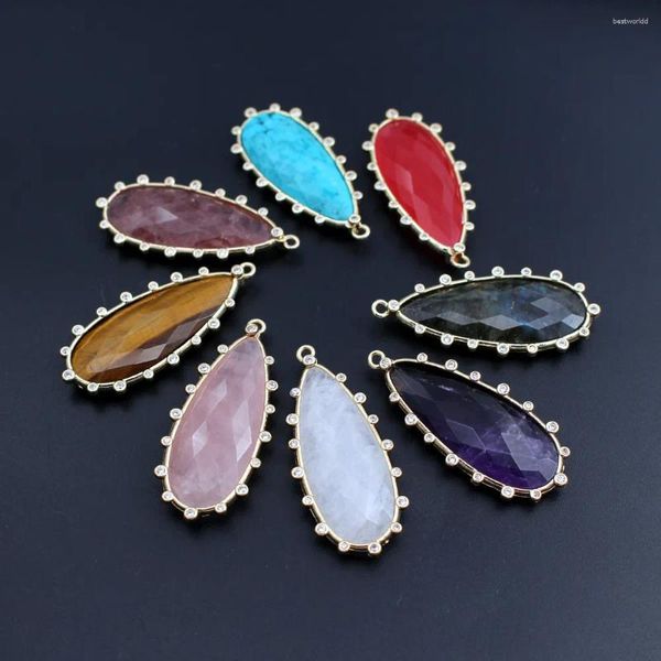 Colares de pingente 6 pcs facetado natural labradorite pedra de quartzo cz gotas lágrima encantos para acessórios de jóias diy