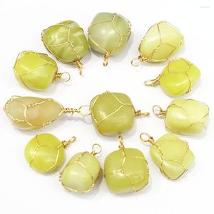 Collares pendientes 6 unids/lote de colgantes de collar de piedra de Jade limón Natural, amuletos irregulares de bobinado dorado, accesorio de joyería de moda DIY