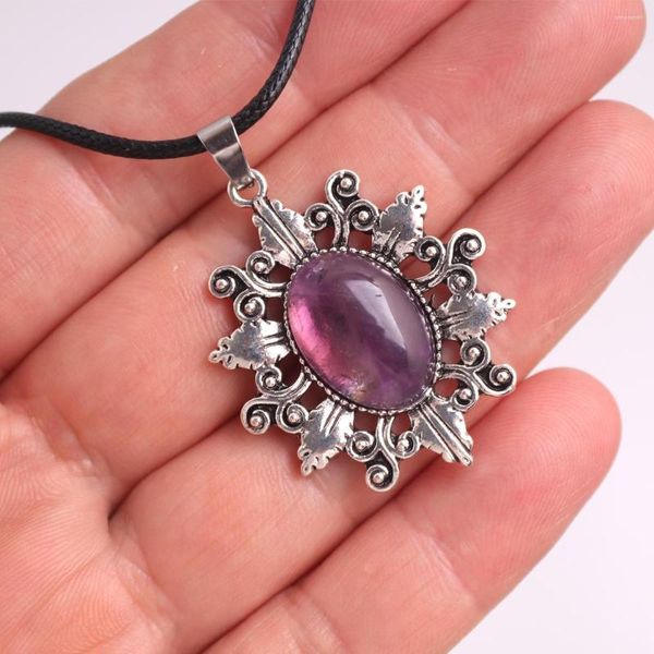 Pendant Necklaces 6 pcs/lot Vintage alliage pierre naturelle ronde gemme cristal Quartz obsidienne pendentifs bricolage collier pour hommes femmes énergie bijoux