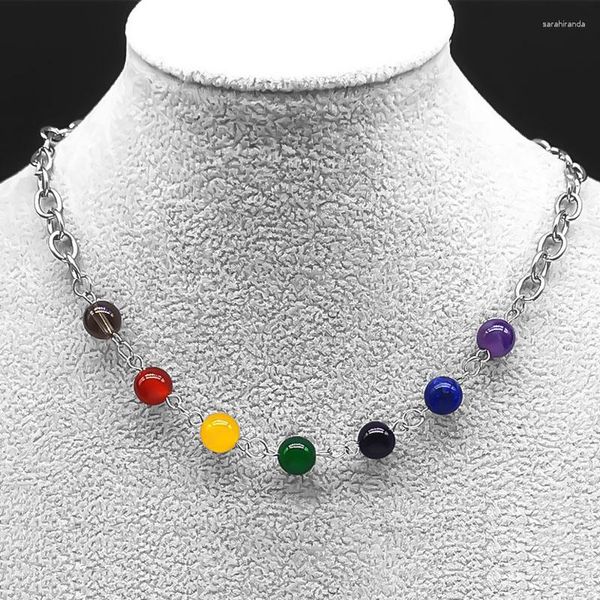 Pendentif Colliers 7 Chakra Gem Pierre Perles Ras Du Cou En Acier Inoxydable Clavicule Chaîne Collier Yoga Reiki Guérison Équilibrage Bijoux NSG259S04