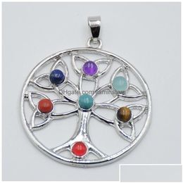 Colliers pendents 7 Chakra Stones Reiki Point de guérison arbre de vie Charme bijoux Angel Round Ankh Yoga 3d Collier de pierre Pendants Dr D Dhokj