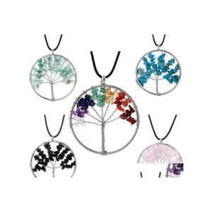 Pendentif Colliers 7 Chakra Arbre De Vie Guérison Cristal Naturel Gravier Pierre Charme En Cuir Cire Corde Chaîne Pour Femmes Bijoux De Mode Otmgd