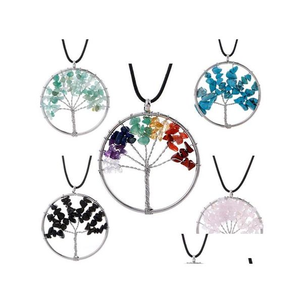 Colliers pendants 7 Chakra Tree of Life Healing Crystal Natural Gravel Stone Chaîne de corde en cuir en cuir pour femmes bijoux de mode Dr Dhmce