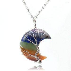 Pendentif Colliers 7 Chakra Arbre De Vie Lune Fil Enveloppé Collier En Cristal De Guérison Naturel Reiki Bijoux Pour Femmes Cadeau D'anniversaire Créatif