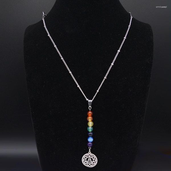 Pendentif Colliers 7 Chakra Yoga Fleur de Vie Collier de Lotus Pierre Naturelle En Acier Inoxydable Perle Femmes Bijoux Collier Mujer N201S07