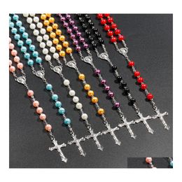 Hanger kettingen 7 kleuren religieuze katholieke rozenkrans Jezus kruisen lange 8mm kralenketens voor vrouwen mannen christelijke sieraden cadeau