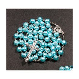 Pendentif Colliers 7 couleurs Religieux Catholique Rosaire Jésus Croix Longue 8mm Chaînes De Perles Pour Femmes Hommes Bijoux Chrétiens Cadeau 88 K2 Dro Dhft8