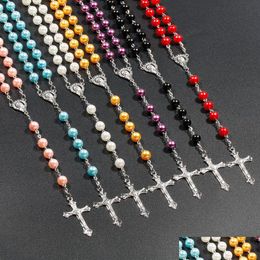 Hanger Kettingen 7 Kleuren Religieuze Katholieke Rozenkrans Jezus Kruis Lange 8Mm Kraal Kettingen Voor Vrouwen Mannen Christelijke Sieraden Gift drop Deli Dhcq0