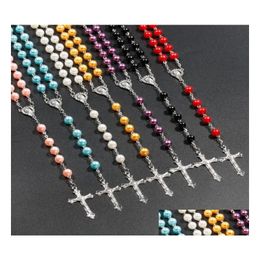 Collares colgantes 7 colores Relius Collares de rosario católico Jesús Cruz Colgante Largo 8 mm Cadenas de cuentas para mujeres Hombres Joyería cristiana G Dheyb