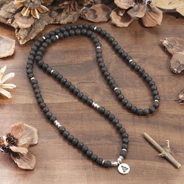 Collares colgantes 8 mm negro lava piedra gargantilla collar para mujeres hombres redondo loto encanto natural con cuentas joyería hecha a mano femenina