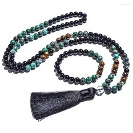 Collares pendientes 8 mm Onyx negro Ojo de tigre Collar de turquesa africana Pulsera 108 Cuentas de oración Mala Meditación Yoga Japamala Conjunto de joyas