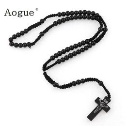 Colliers pendants 8 mm catholique Blackwood Rose Pearl orthodoxe Collier de corde pour femmes en bois croix