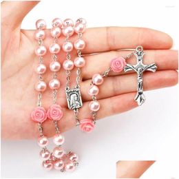 Colliers pendants 8 mm catholique Rosaire Collier Christian Priant Glass Chain Cross For Women Mother Bijoux Drop Livraison Pendan Otsma