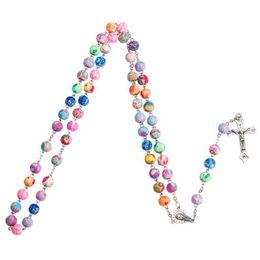 Hangende kettingen 8 mm kleurrijke polymeerklei kralen rozenkrans kruisketting maagd Maria centrepieces christelijke katholieke religieuze sieraden