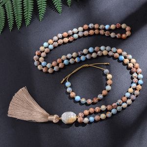 Hangende kettingen 8 mm keizer Jasper kralen geknoopte japamala ketting meditatie yoga zegening sieraden set 108 mala rozenkrans natuursteen hanger 230509