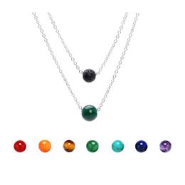 Pendentif Colliers 8mm Lava Rock et 10mm 7 Couleur Chakra Pierre Mtilayered Sier Chaîne en acier inoxydable pour femmes Bijoux de mode Drop D Otlm7