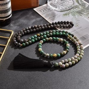 Hanger Kettingen 8mm Natuurlijke Afrikaanse Turquoise Labradoriet Lucky Jade Kralen Ketting Sieraden Set 108 Mala Meditatie Gebed Rosa247V