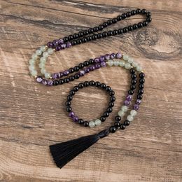 Hangende kettingen 8 mm natuurlijke amethist en Aventurine Jade Black onyx kralen ketting 108Mala Bead Meditatie Yoga sieraden Japamala Rosary Sets G230206