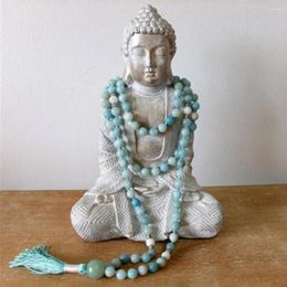 Collares colgantes 8 mm natural azul mar piedra anudada collar venas chakas yoga muñeca meditación 108 borla mala joyería de oración para mujeres o