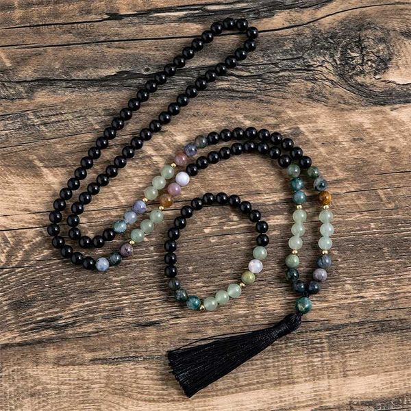 Pendentif Colliers 8mm Naturel Vert Aventurine Indien Agate Noir Onyx Collier De Perles 108 Japa Mala Méditation Yoga Bénédiction Bijoux Bracelet SetL231225