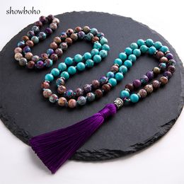 Hangende kettingen 8 mm natuurlijk turquoise violet imperale jaspers kralen geknoopte 108 japamala ketting meditatie yoga tibetan boeddha kop sieraden 230509