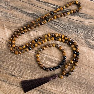 Pendentif Colliers 8mm Naturel Jaune Tiger Eyes Noir Onyx Collier Méditation Yoga Bijoux 108 Japa Mala Bracelet Perlé Hommes et Femmes Ensembles 231207