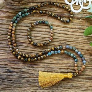 Hangerkettingen 8 mm natuurlijke gele tijgerogen Indiase agaatboompatroon Onyx 108 Ja Mala kralenketting Meditatie Yoga Tibetaanse sieradensetsL231218