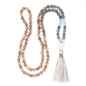 Collares pendientes 8mm Sunstone Labradorite Mala Collar 108 Cuentas Anudadas Joyería espiritual Raw Q-uartz Tassel Collar