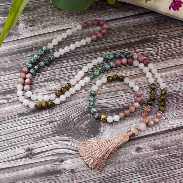 Collares pendientes 8 mm White Jade Sun Stone Tiger Eye Beads 108 Mala Collar Meditación Yoga Oración Joyería Japamala Set para hombres y mujeres HKD230712