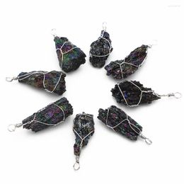 Pendentif Colliers 8Pcs Pierre Naturelle Hommes Rétro Pendentifs Gemme Brute Galvanoplastie Tourmaline Noire Reiki Cristaux De Guérison Diy Fabrication De Bijoux