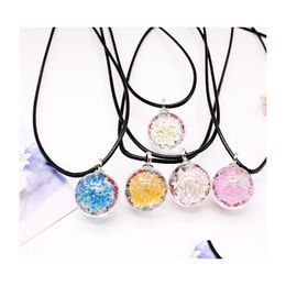 Pendentif Colliers 9 couleurs fleur séchée ras du cou pour femmes filles en cuir noir corde chaîne boule de verre collier de charme rose bleu bohême Dha7S