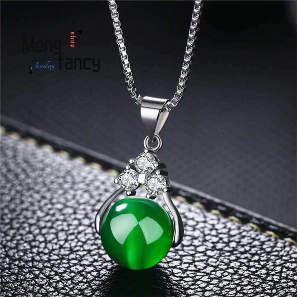 Pendentif Colliers 925 Argent Naturel Vert Jade Calcédoine Ronde Agate Pendentif Amulettes Mascottes Fine Jewelry Femmes Cadeau De Luxe Personnalisé Collier HKD230712