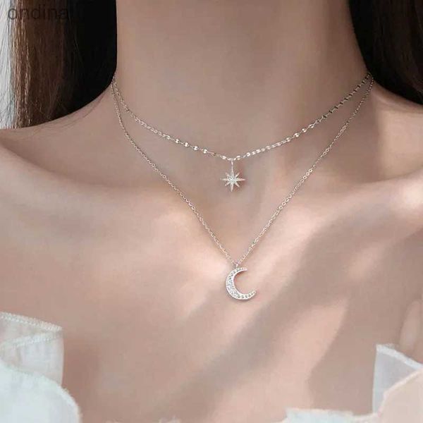 Collares colgantes Collar de plata 925 para mujer, collar con colgante de luna y estrella de circón de doble capa, cadena delicada, joyería elegante, regalos YQ240124