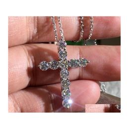 Hangende kettingen 925 Sterling sier fl ronde gesneden witte topaz cz diamant cross party dames sleutelbeen ketting cadeau drop levering juweel dhrl8