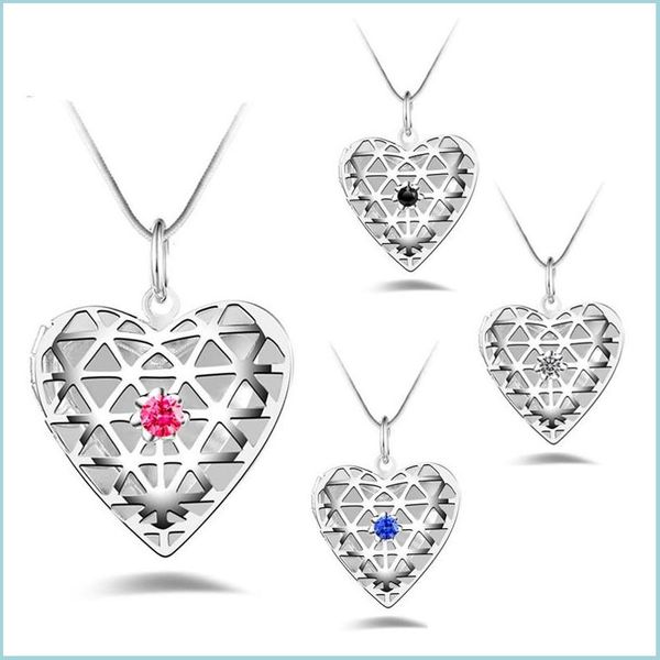 Collares colgantes 925 Sterling Sier Po Heart Love Hollow Locket Collar CZ Diamond Difusor de aceite esencial Cadena de serpiente Lady Fashion J Dhtax