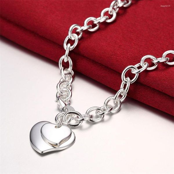 Colliers avec pendentif en argent sterling 925, chaîne de 18 pouces, deux cœurs, pour femmes, bijoux de fiançailles, cadeau de mariage