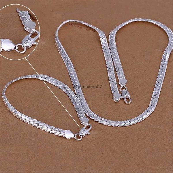 Collares colgantes Plata de ley 925 Regalos de Navidad Estilo europeo Retro 6 mm Collar de cadena plana Pulseras Moda para hombre Mujer Conjuntos de joyería L24