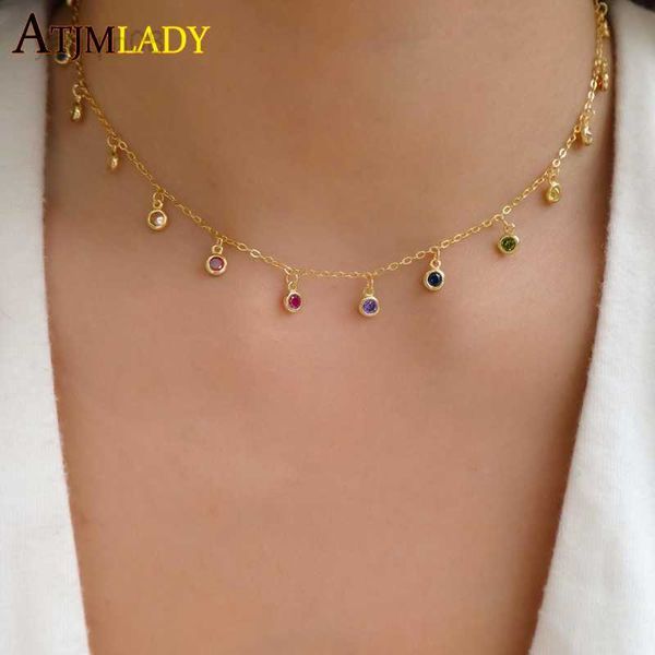 Collares pendientes Plata de ley 925 Dainty CZ Bisel redondo Goteo Chandalier Collar de capas Gold Filled Delicate Rainbow Cz Gargantilla Joyería HKD230712