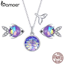 Pendentif Colliers 925 Sterling Silver Purple Fish Jewelry Set Happy Tropical Litte Boucles D'oreilles Collier pour Femmes Mode SCE1028 221109