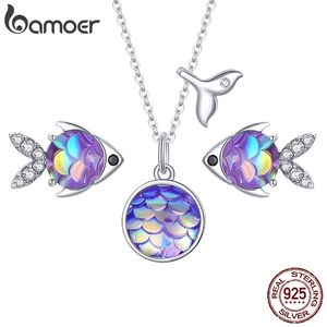 Pendentif Colliers 925 Sterling Silver Purple Fish Jewelry Set Happy Tropical Litte Boucles D'oreilles Collier pour Femmes Mode SCE1028 221109