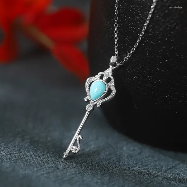 Pendentif Colliers 925 Sterling Silver Simple Goutte d'eau Turquoise Collier Femme Clavicule Chaîne Clé en forme de Saint Valentin