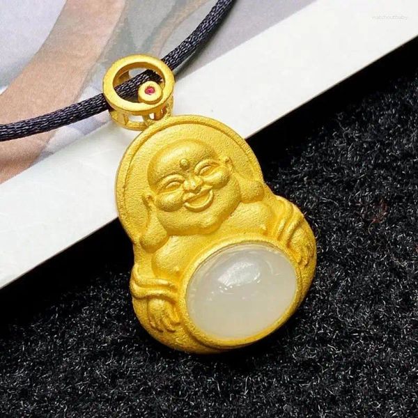 Collares colgantes Plata de ley 925 Jade blanco Collar de Buda dorado Hombres Mujeres Genuino Nefrita Hetian Jades Lucky Charms Amuletos